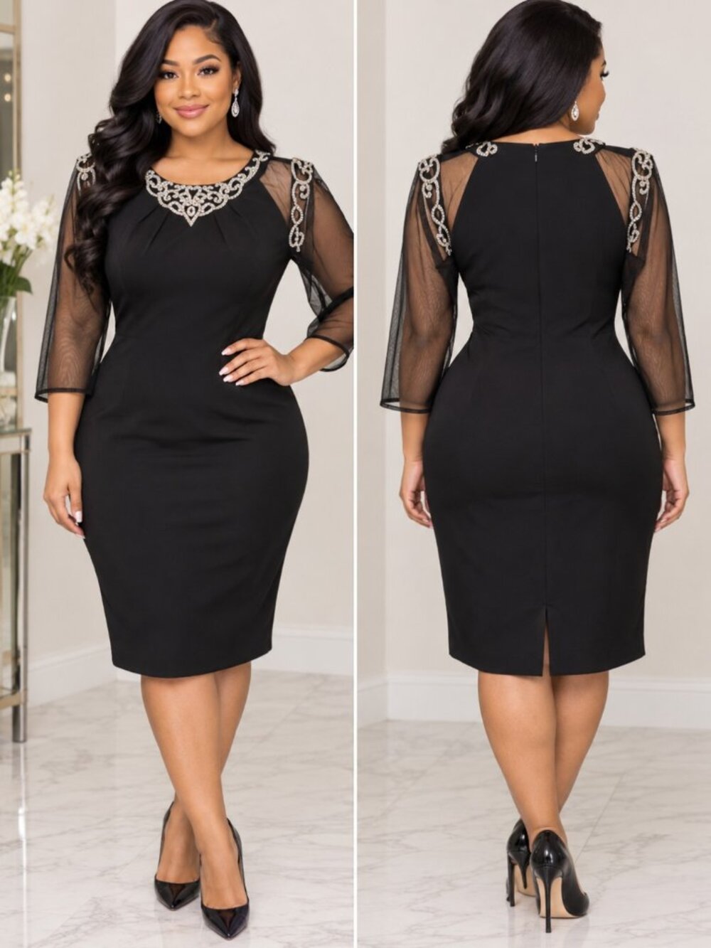 Vintage Alex Evening Elegant Women's Black Sheer Mesh Sleeve Sheath Dress 12